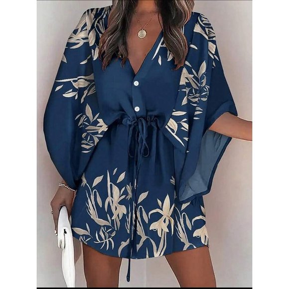 WILA Dresses & Skirts - Wide sleeve button down cinched waist dress tropical leaf print tan navy blue